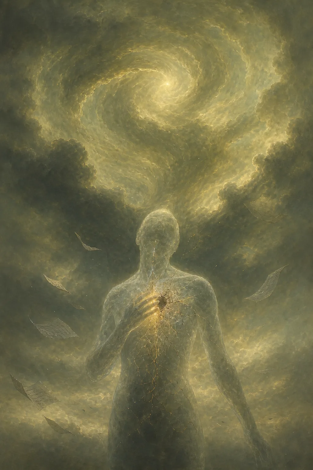 A vast portrait-oriented inner sky, seen from below, just after a lightning strike has ended. The …