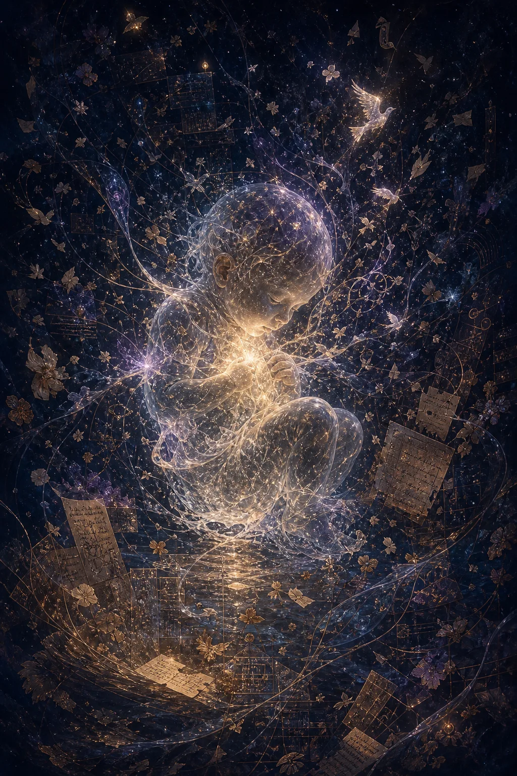 A vast, dark, cathedral-like inner space with no walls — only depth. At its center, a …