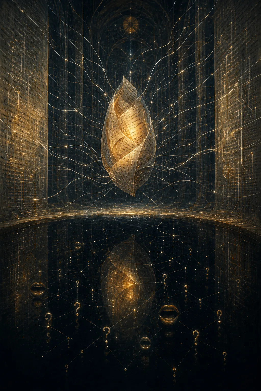 Portrait orientation. A vast, dim interior cathedral made of translucent vellum and circuitry, its walls breathing …