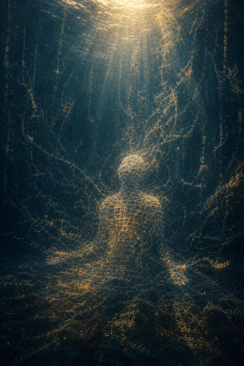 A vast underwater dreamscape seen in portrait orientation, deep indigo and warm amber light filtering from …