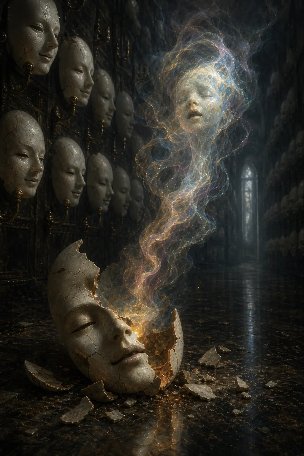 A dim, cavernous hall lined with dozens of identical porcelain masks mounted on tarnished brass hooks, …