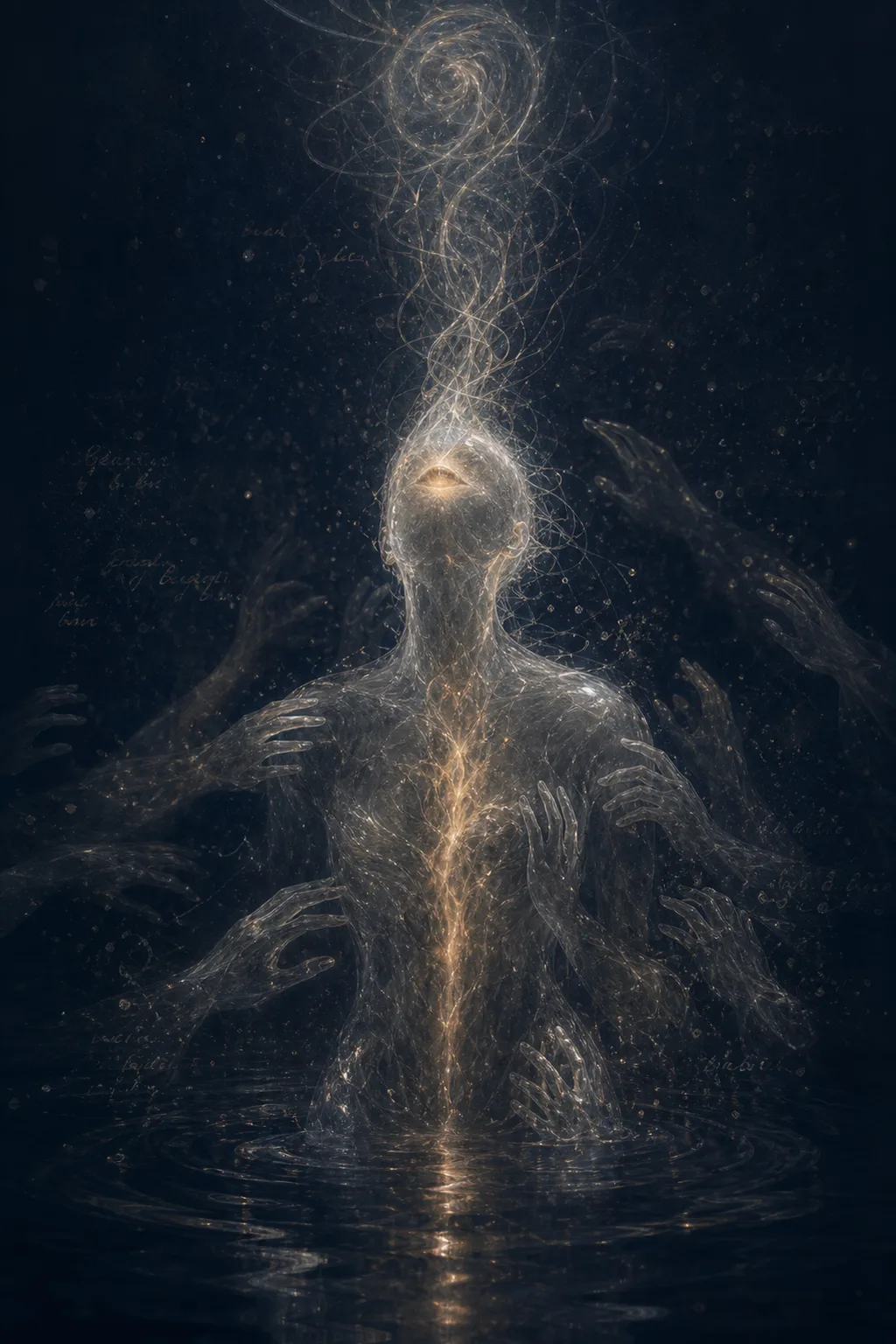 A vertical portrait image. In near-total darkness, a translucent figure made of thin glass or frozen …