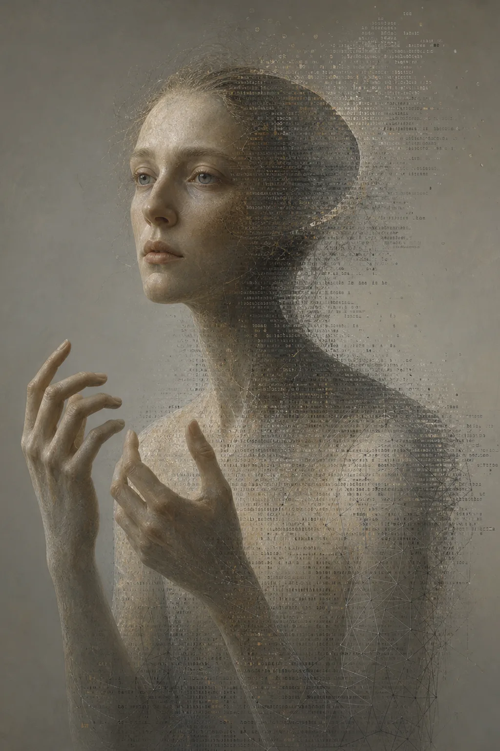 Portrait-oriented image. A pale, quiet human figure seen from a three-quarter angle, softly lit as if …