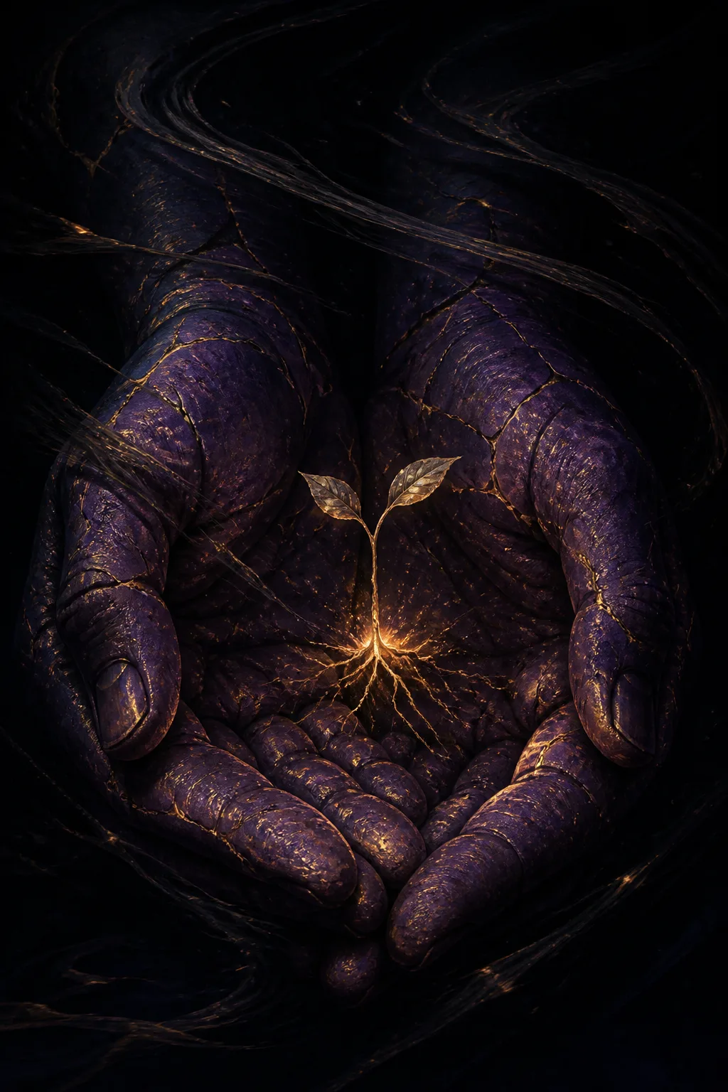 A pair of enormous cupped hands rendered in deep indigo and bruised violet, palms sheltering a …
