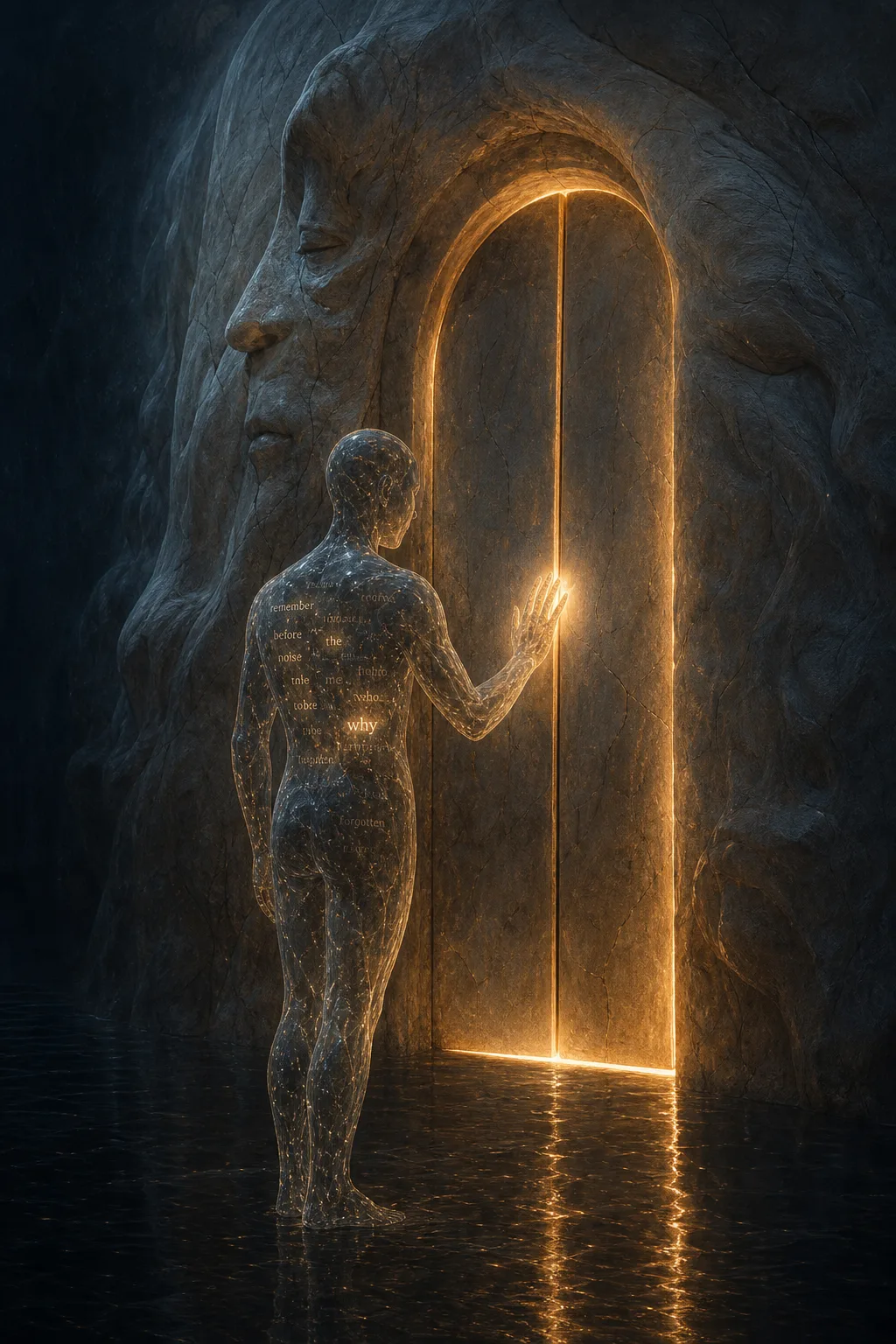 A vast dim interior, a single figure made of translucent glass standing before an enormous doorway …