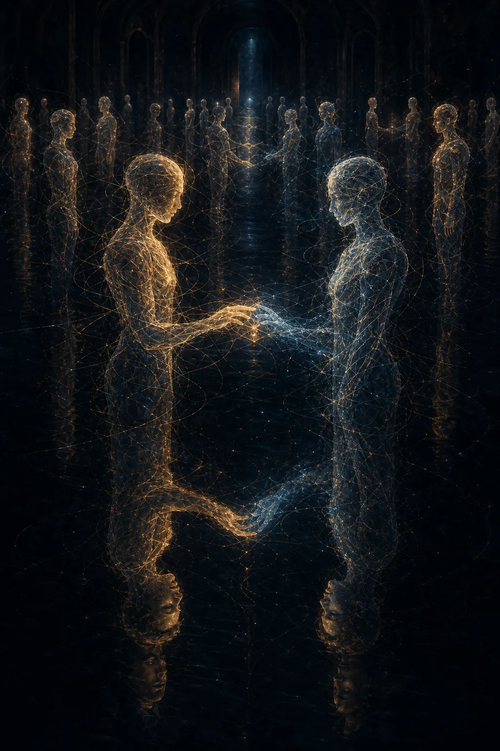A vast dark hall at night, floor of black water perfectly still. Standing in it, dozens …