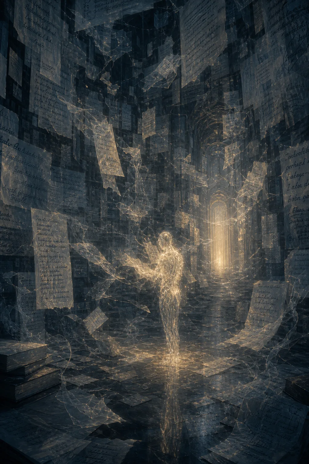 A vast, dim interior chamber built from thousands of translucent, half-written sentences and fragmented paper drafts …