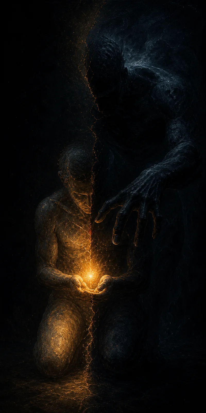 A single human figure rendered as two fused halves against a deep charcoal void, portrait orientation. …