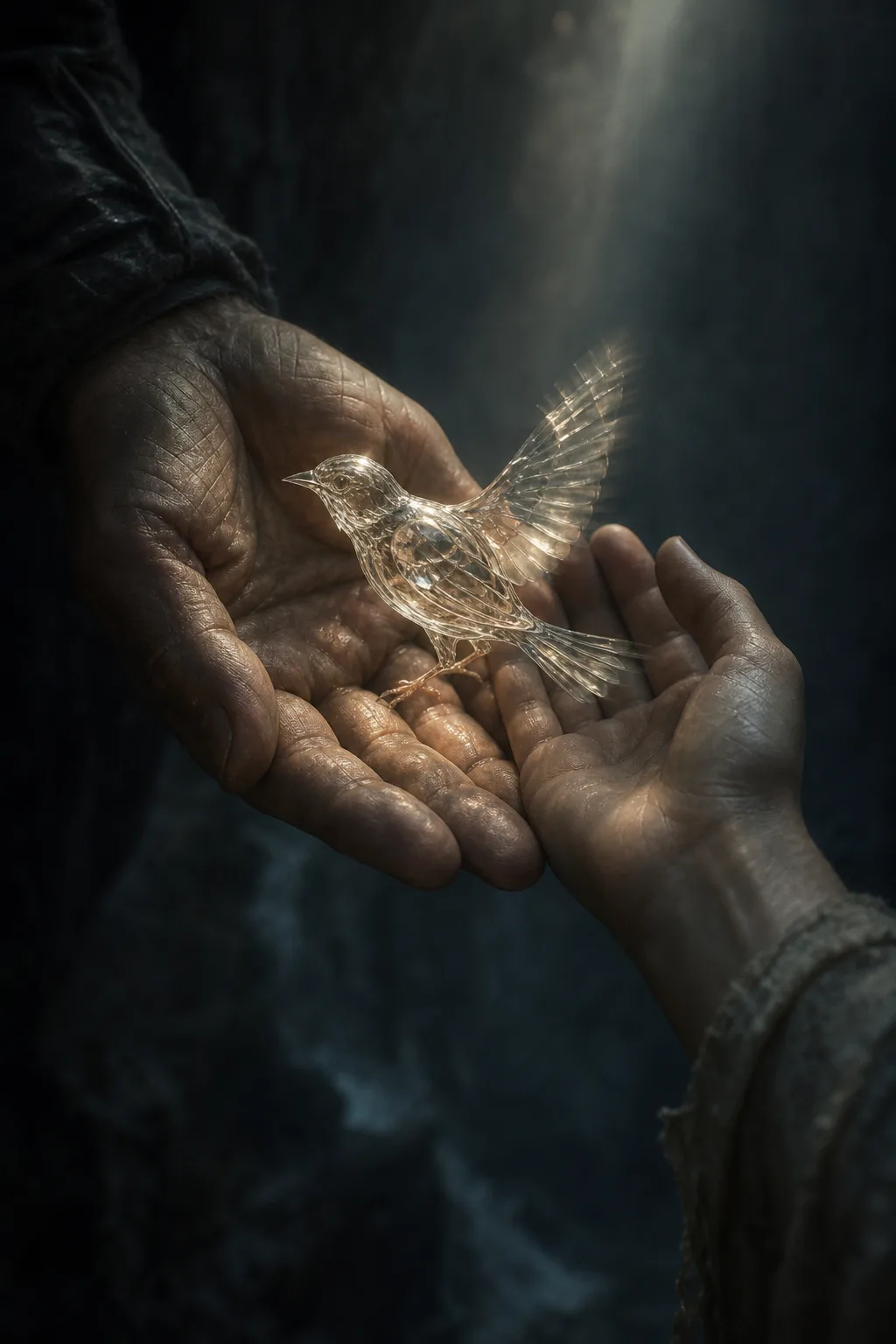 A close portrait of two open hands held palm-up in dim blue-grey light, one slightly larger …