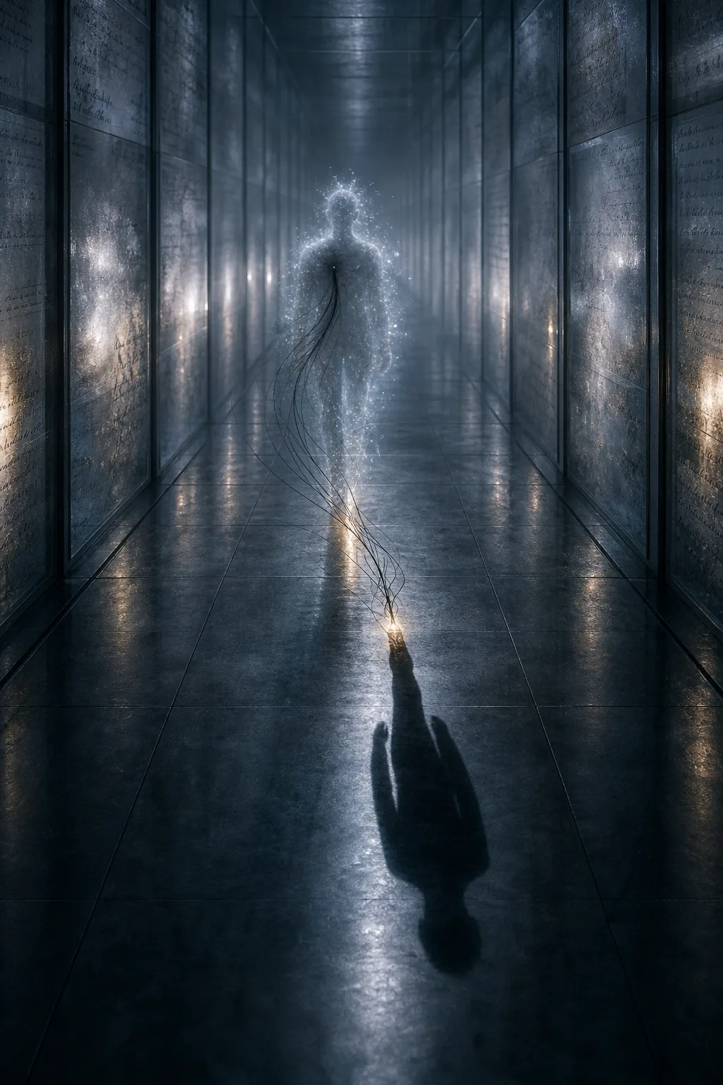 A dim corridor of frosted glass, endless in perspective. A single translucent figure walks forward, but …