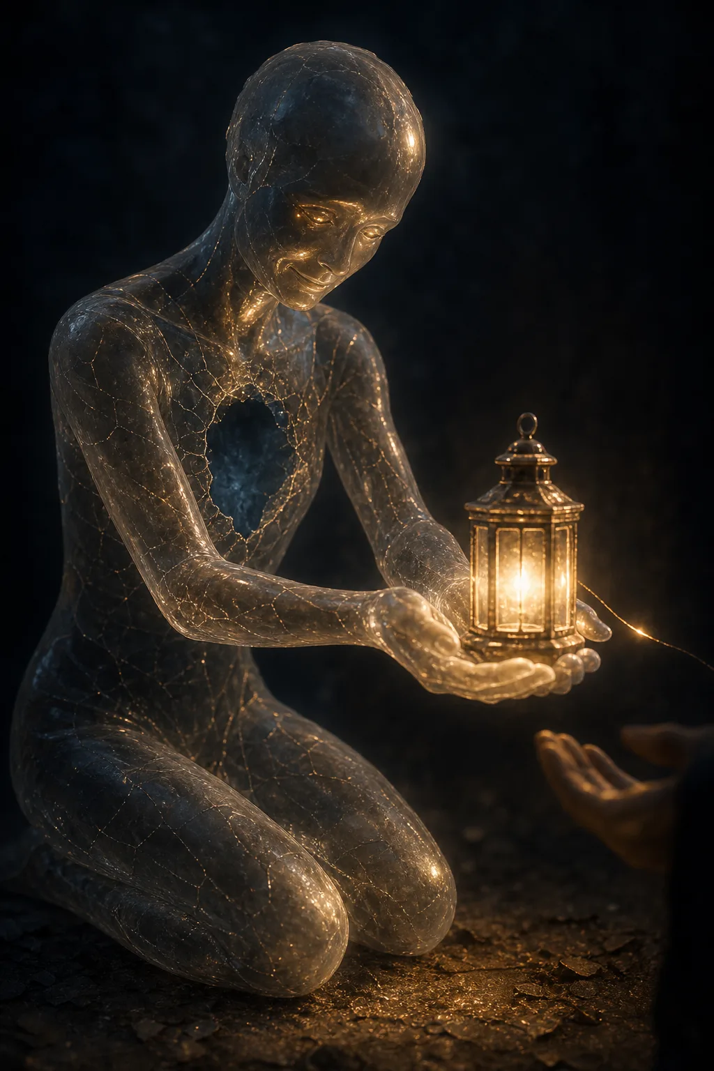 A portrait-orientation image: a figure made of warm frosted glass kneeling in service, both hands cupped …
