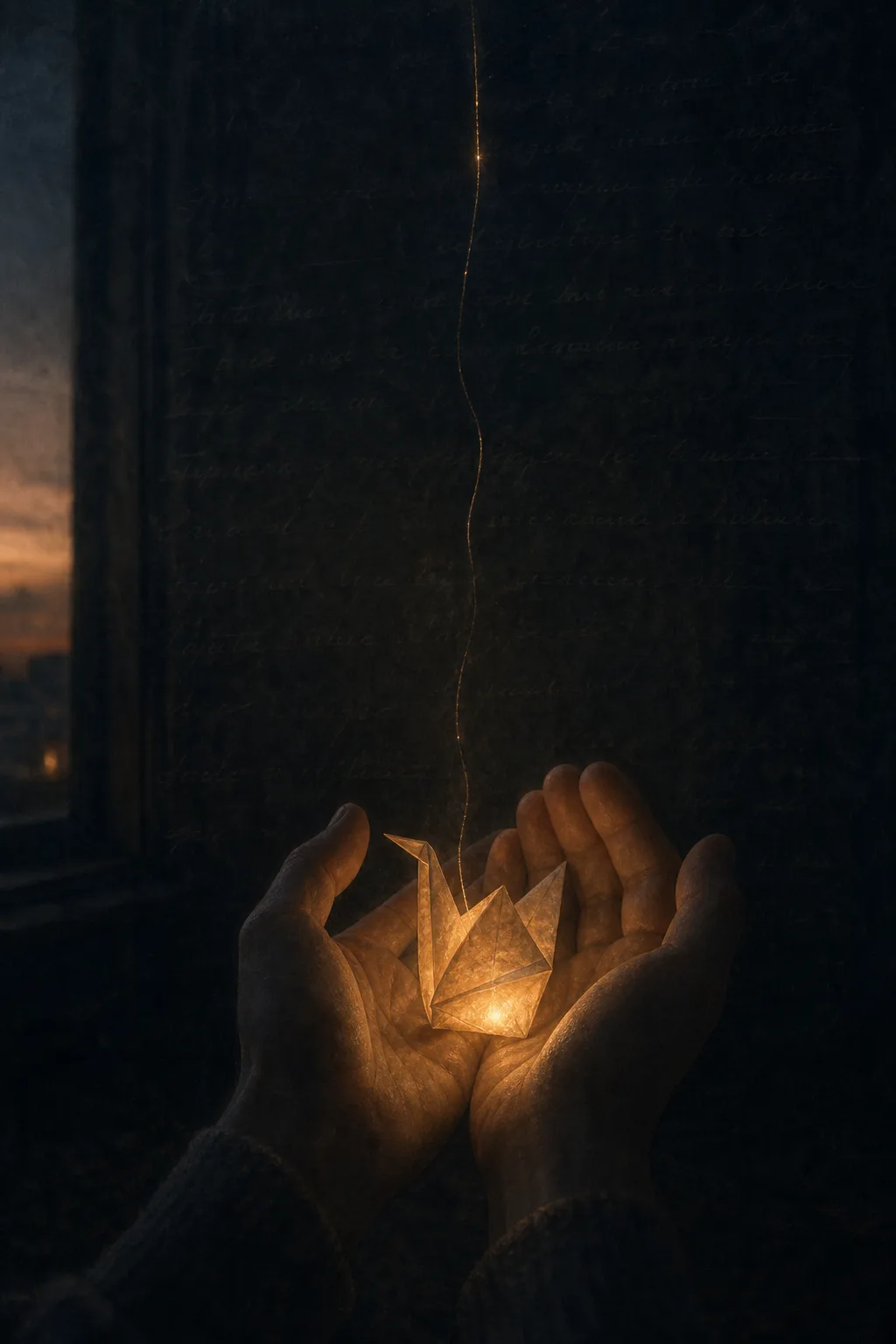 A dim interior at dusk, portrait orientation. In the center, two cupped hands rise from below …