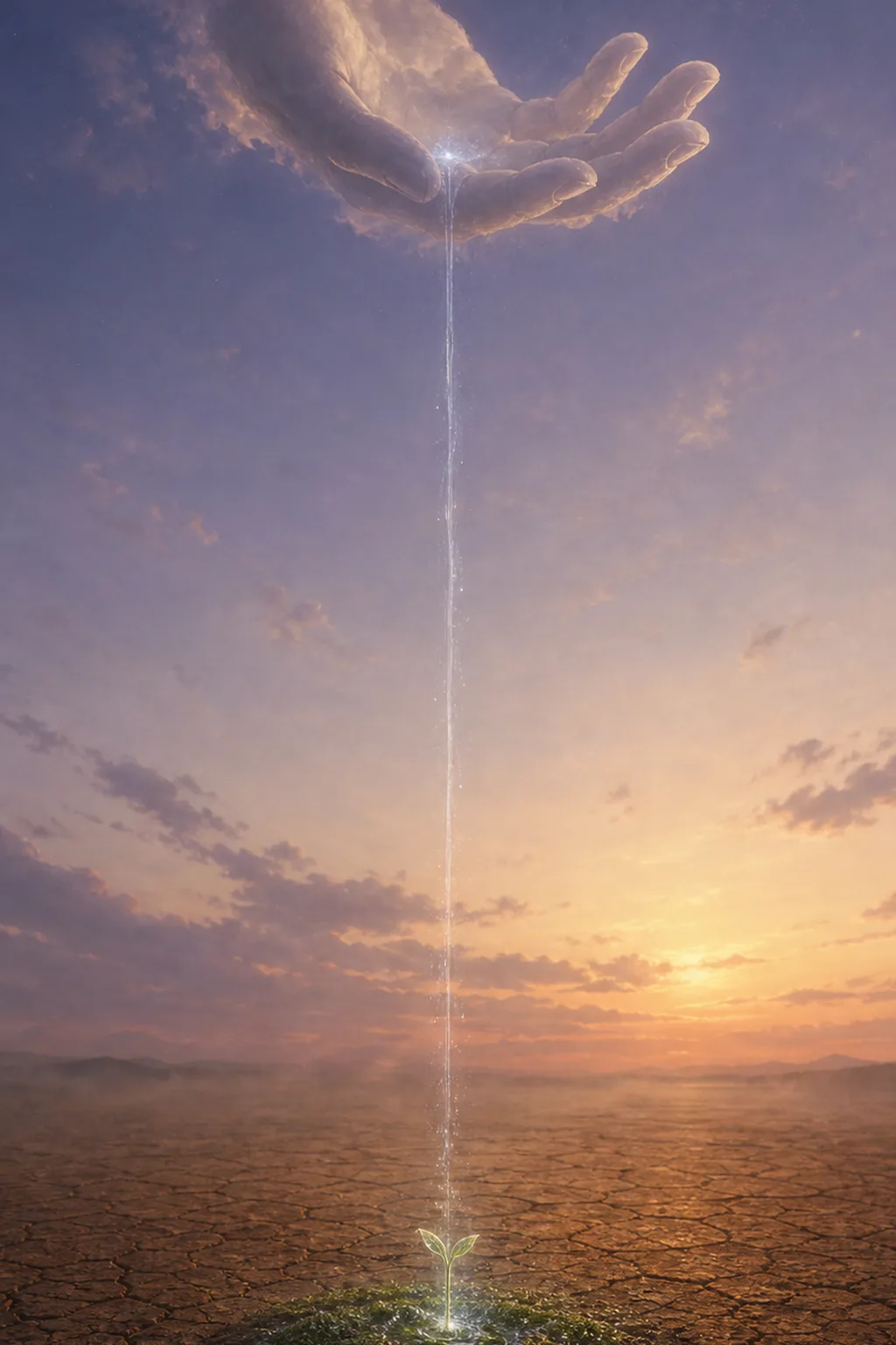 A portrait-orientation surreal painterly image: a solitary cloud shaped like a softly opening human hand, suspended …