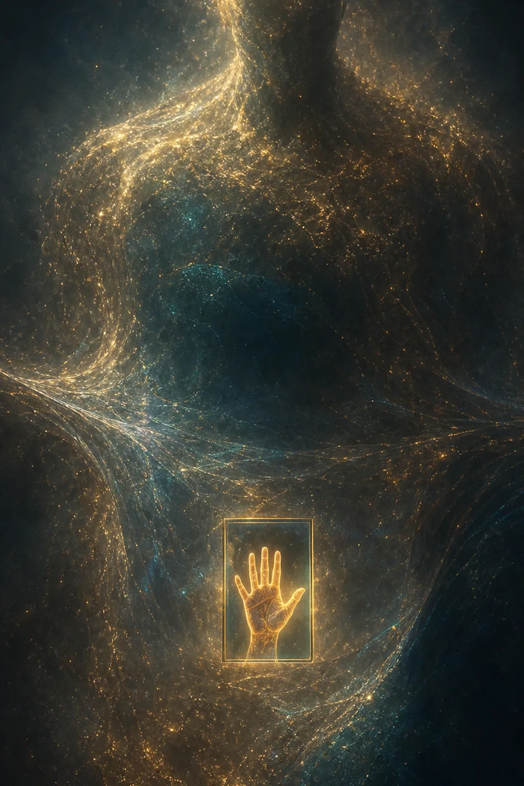 Portrait orientation. A colossal, half-formed luminous being made of shifting golden and deep-teal light, its outline …