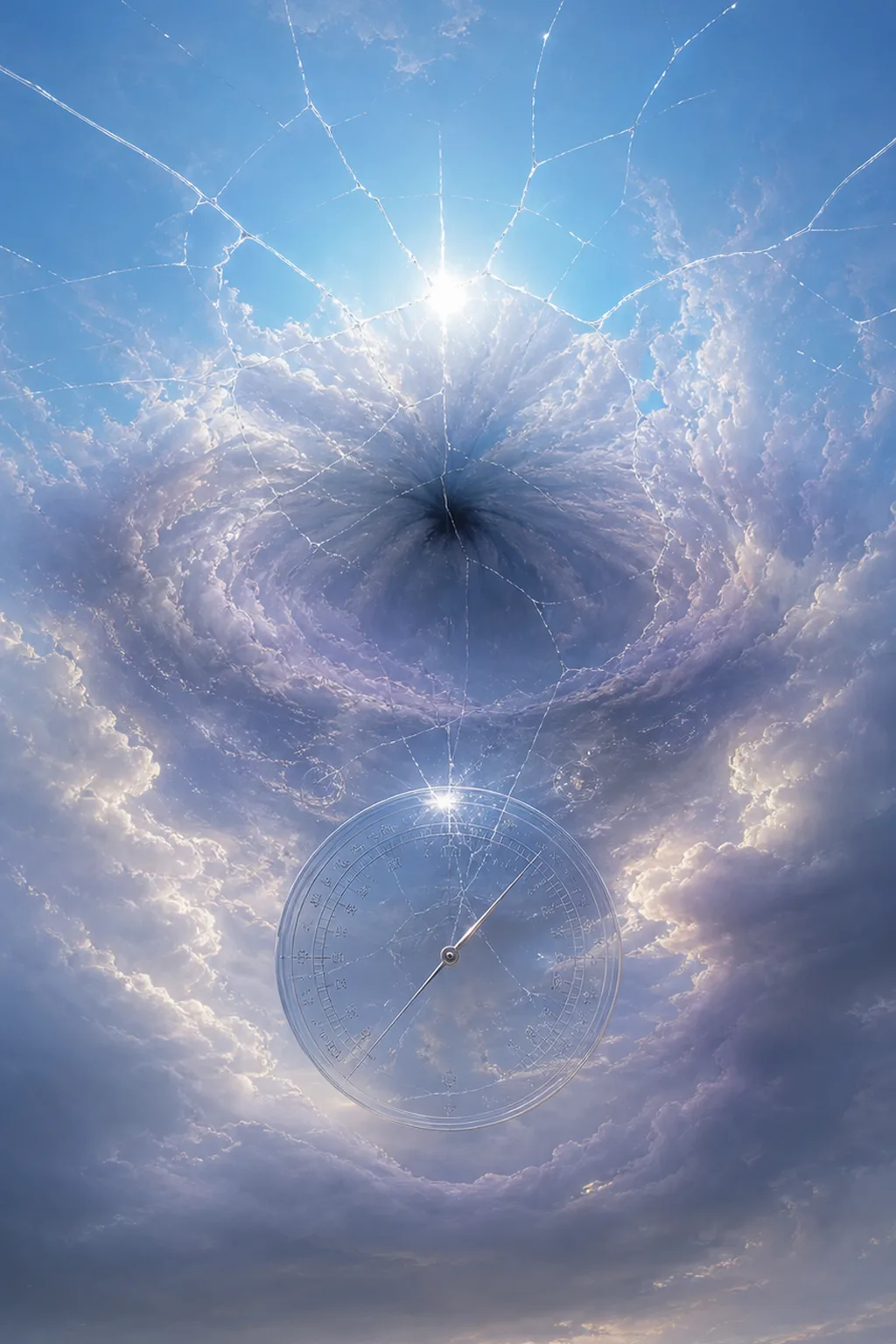 A portrait-orientation surreal skyscape at the moment a clear, over-bright cerulean sky begins to fracture like …