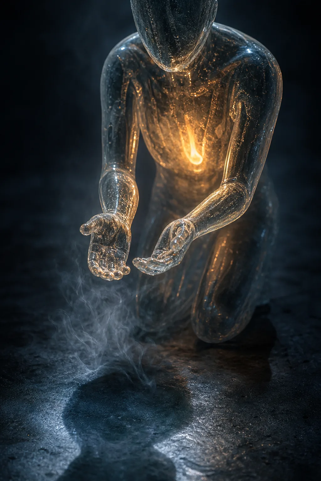 A portrait-oriented image of a hollow glass figure shaped like a person leaning eagerly forward, hands …