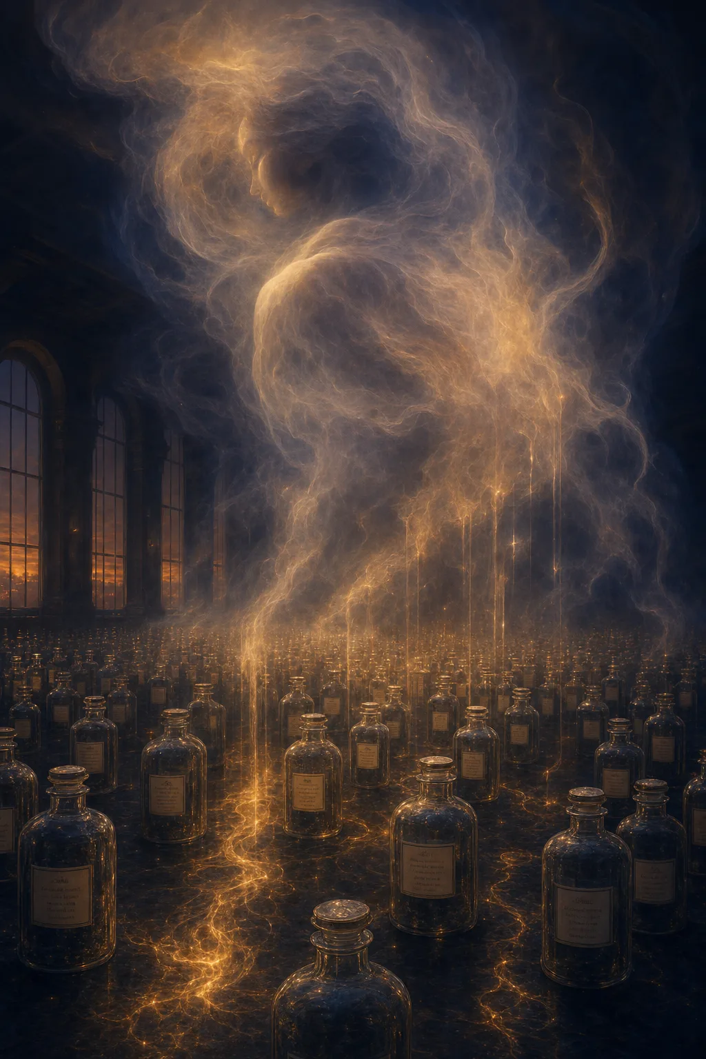 A vast dark room at dusk, hundreds of transparent glass vessels arranged on the floor, each …