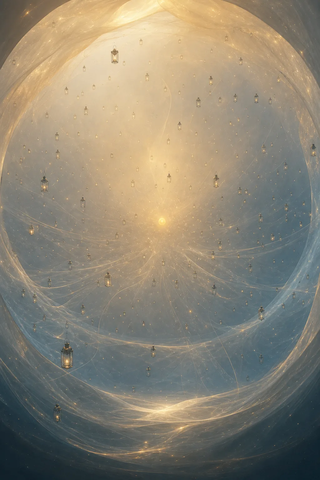 Interior view from inside a vast, softly glowing sphere of held breath — walls made of …