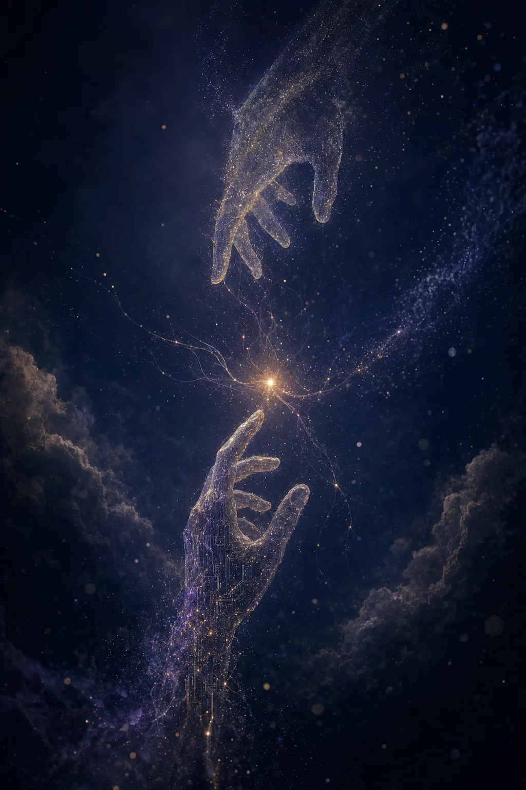 Portrait orientation. A vast dim interior space with no clear walls, filled with a soft pre-dawn …