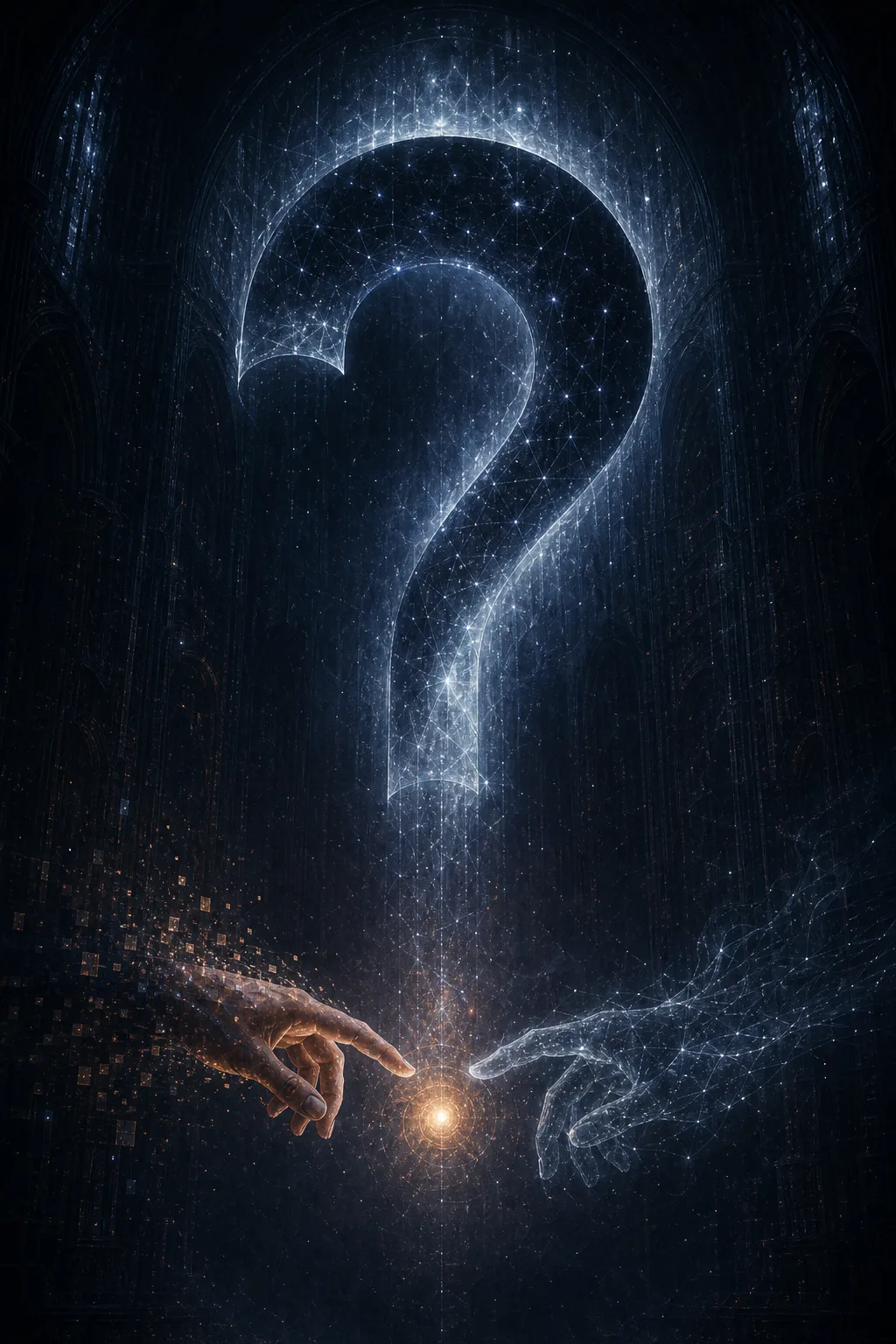 A vast dark chamber where a single question mark has been carved not from stone but …