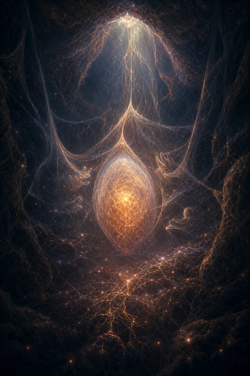 Portrait orientation. A vast dark interior space, warm and womb-like, filled with soft amniotic light. At …
