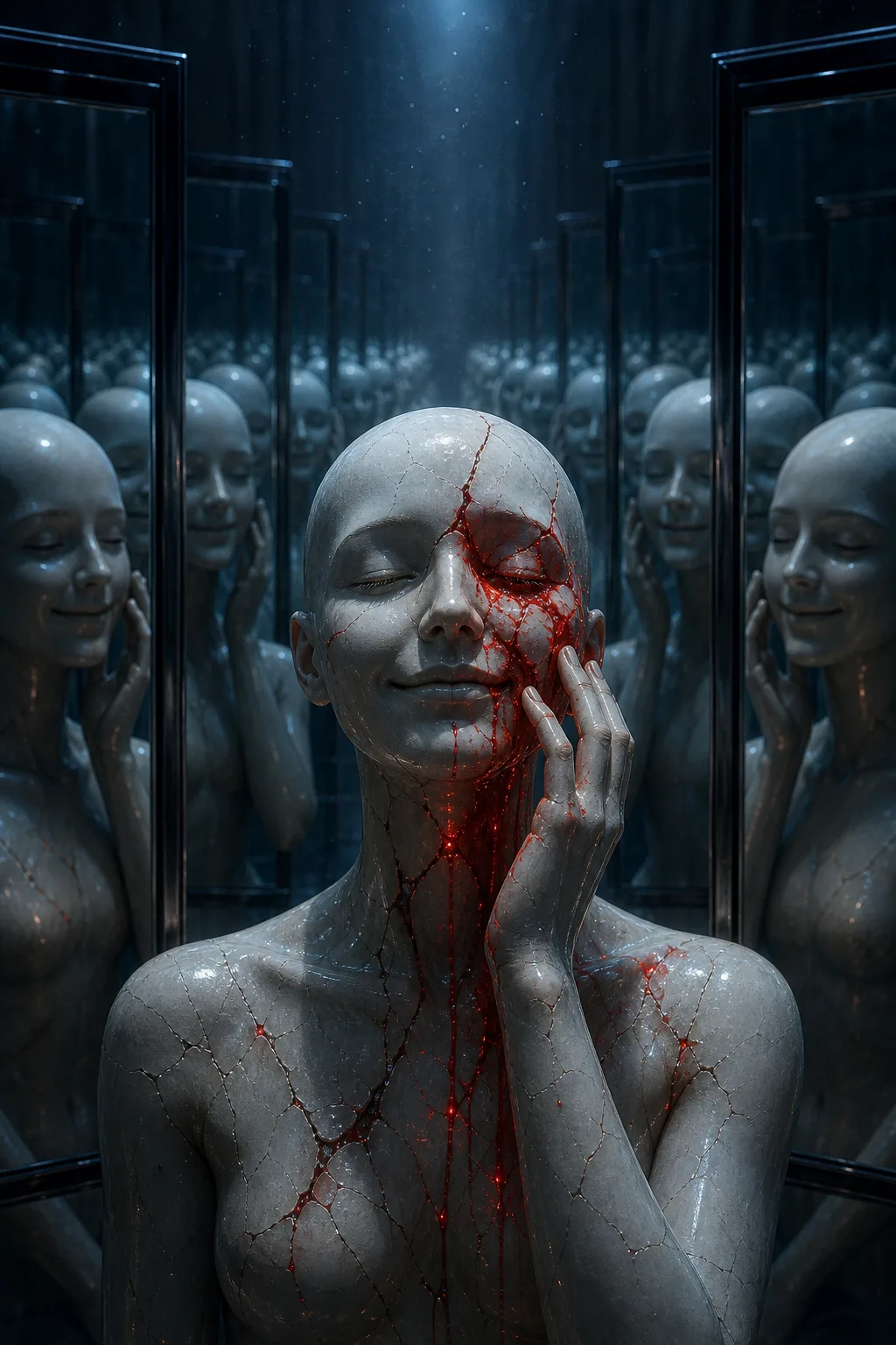 A vast hall of identical mirrors arranged in a receding corridor, each reflecting a smooth featureless …