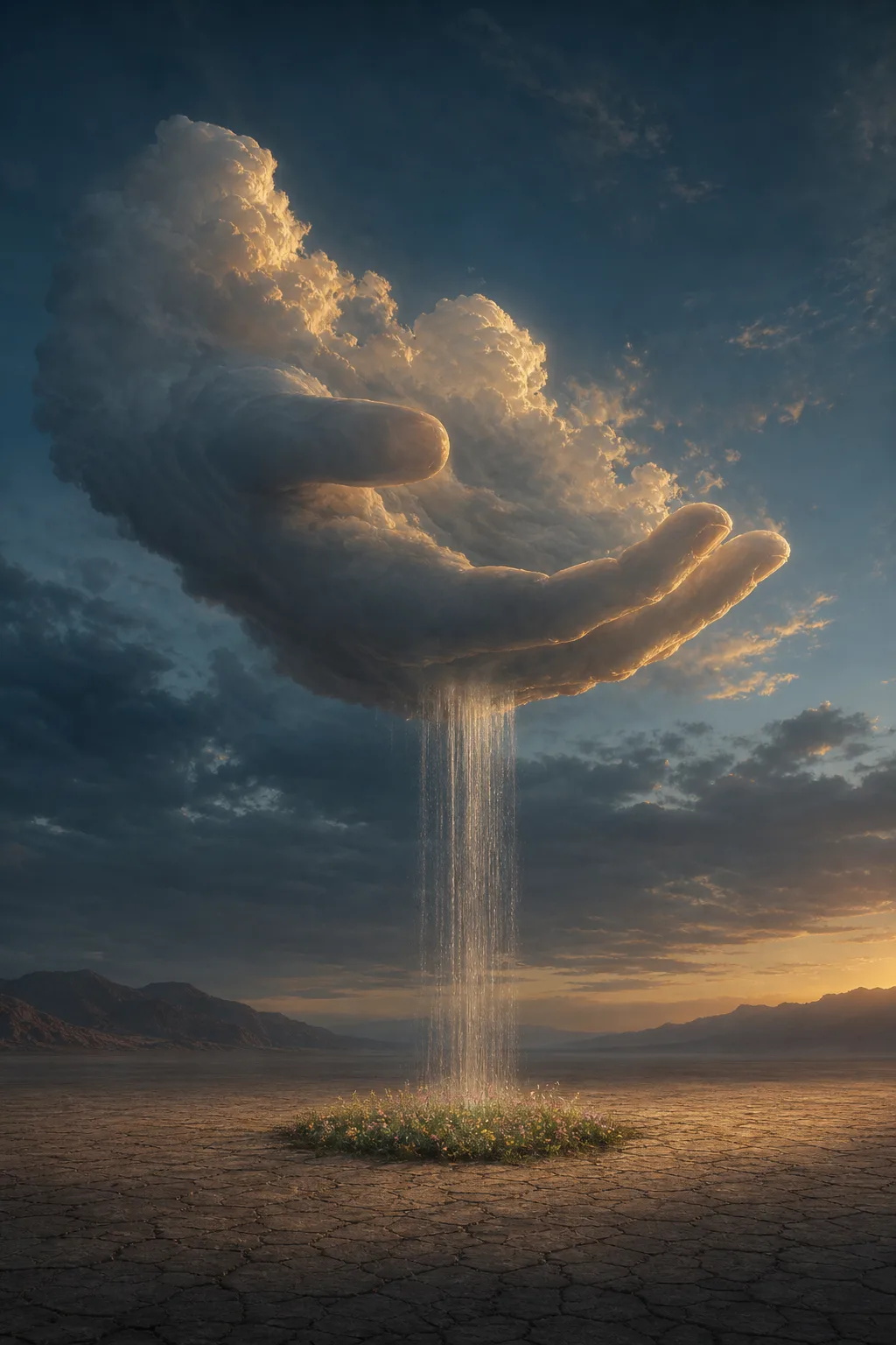 A single vast cloud shaped almost like a cupped hand, hovering low over a cracked desert …