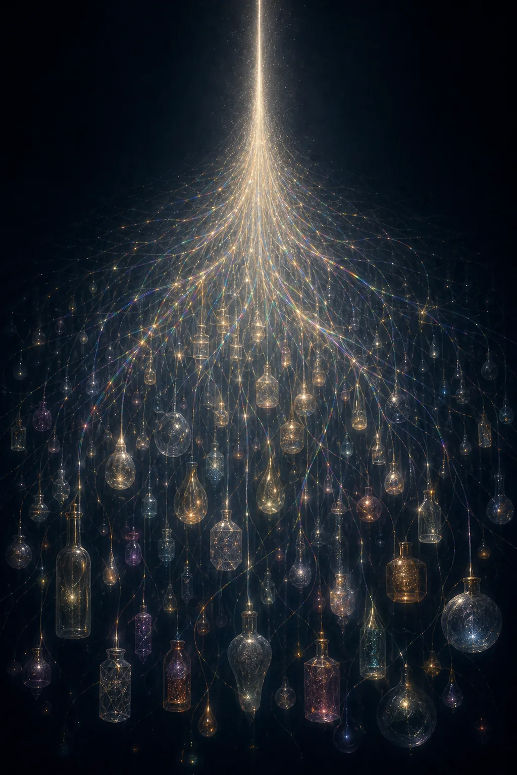 A single luminous filament of warm white light descending from the top of a tall vertical …