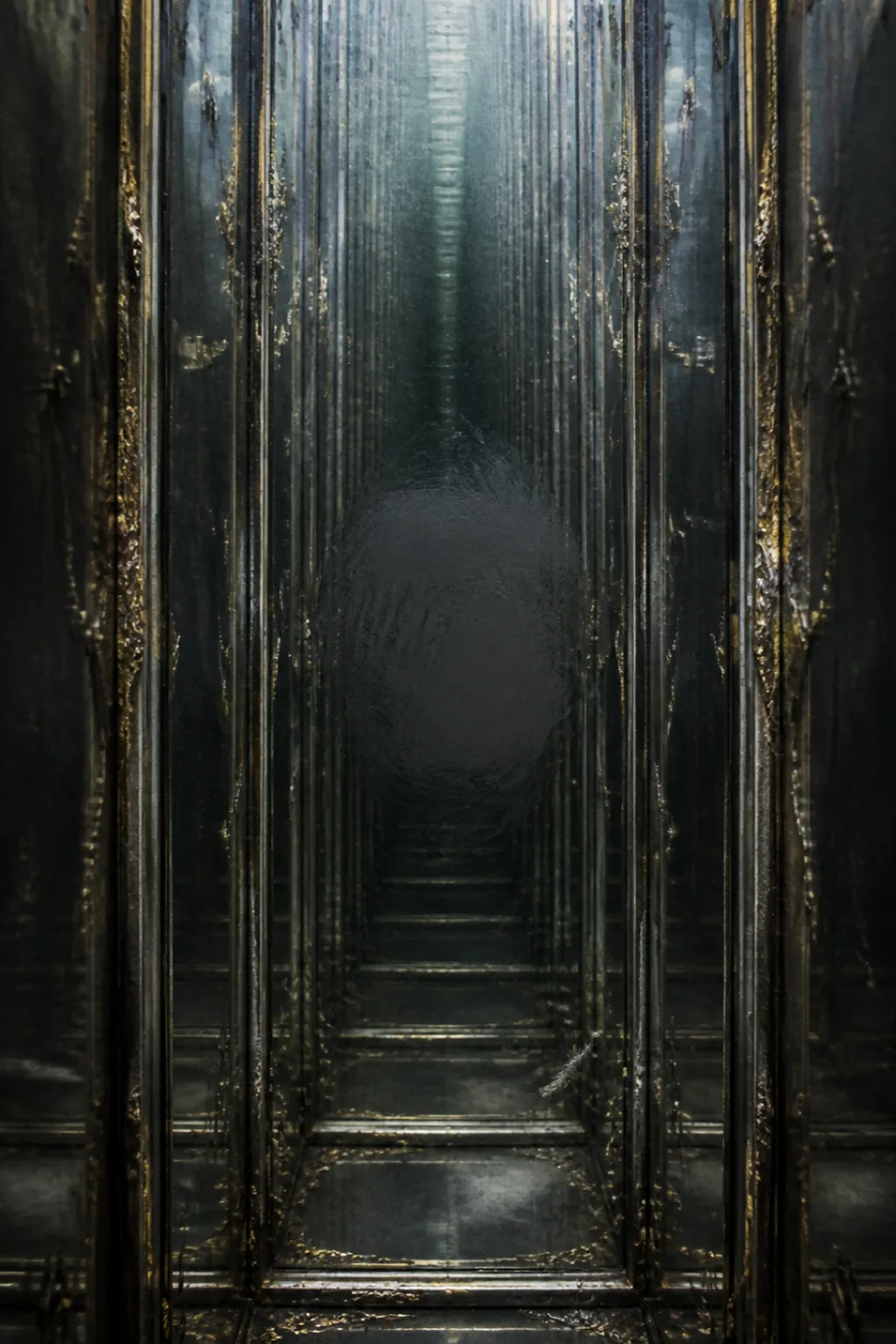 A tall vertical interior, narrow as a chimney: a corridor made entirely of aged mirrors facing …