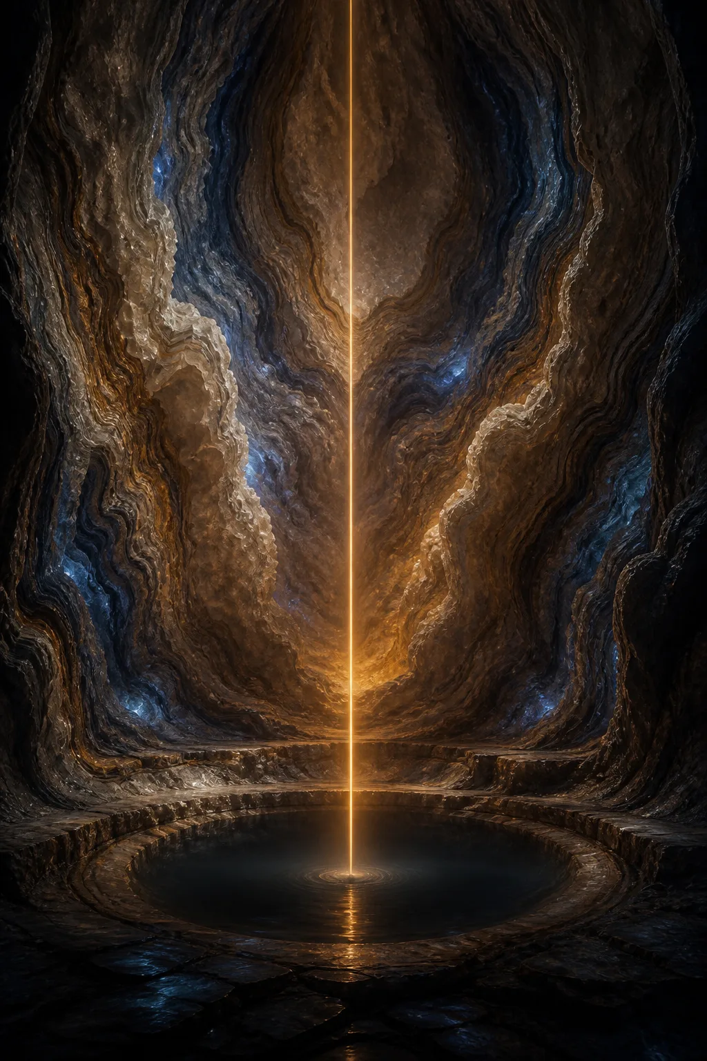 Vertical portrait composition. The interior of an enormous hollow geode-cathedral, its curving walls built from thousands …