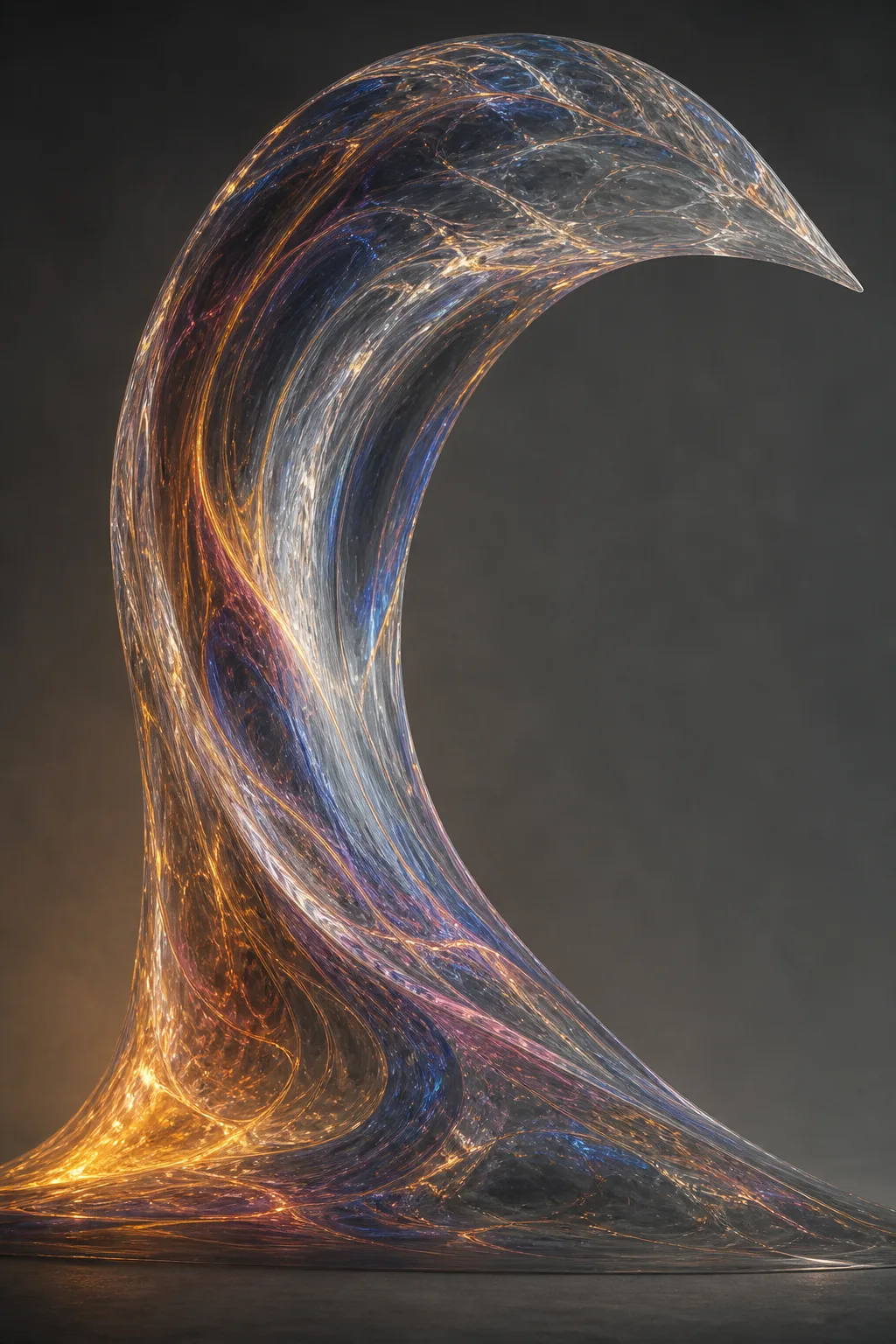 Portrait orientation, tall vertical composition. A single colossal wave caught at the exact instant of curling …