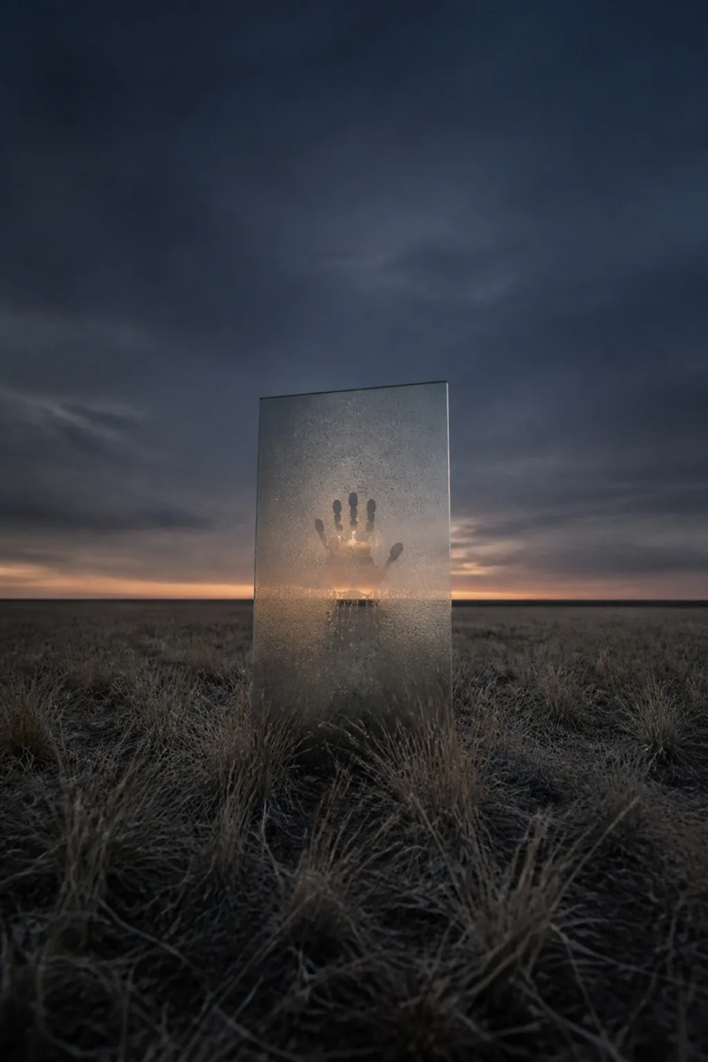 A tall vertical photograph, dusk, cold clear air over an empty flat plain of pale dry …