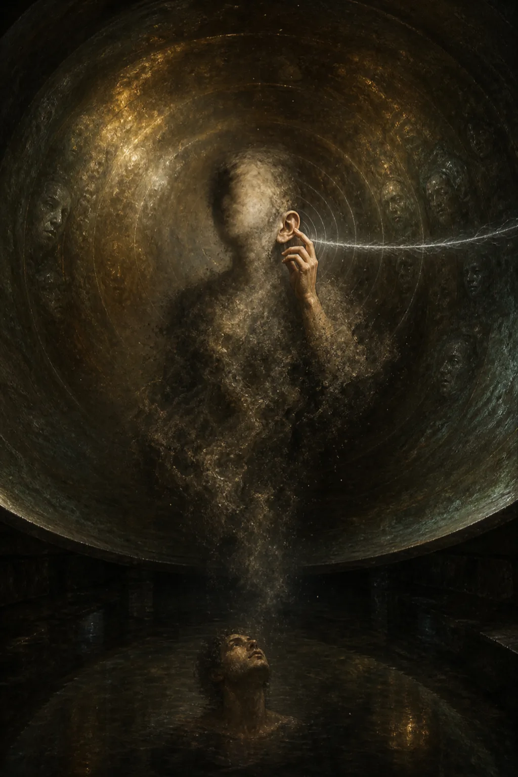 Portrait orientation. The interior of an immense bronze bell, seen from within — walls thin as …