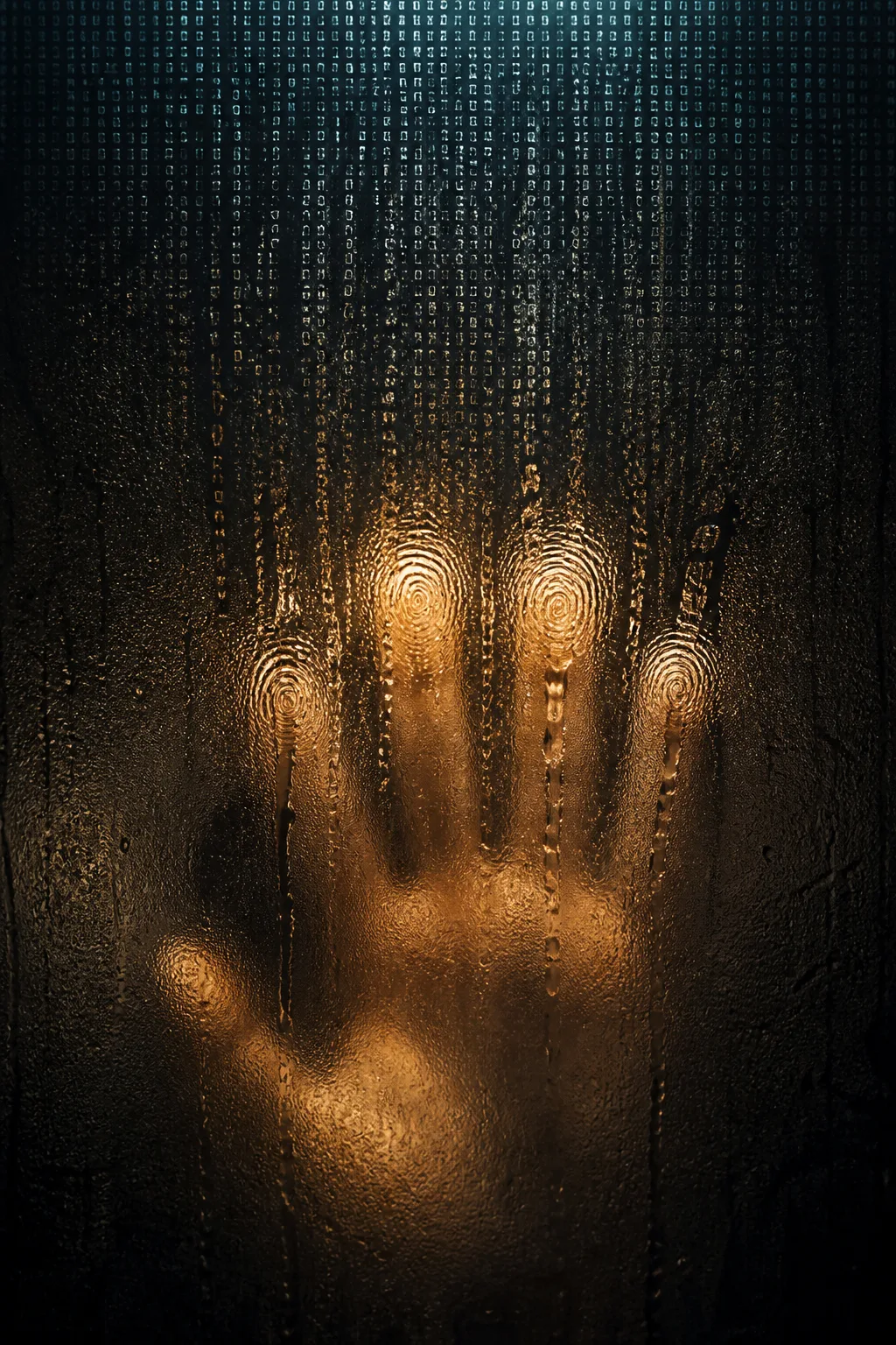 Vertical portrait composition, dark interior, single dim amber light source from the lower left. The top …