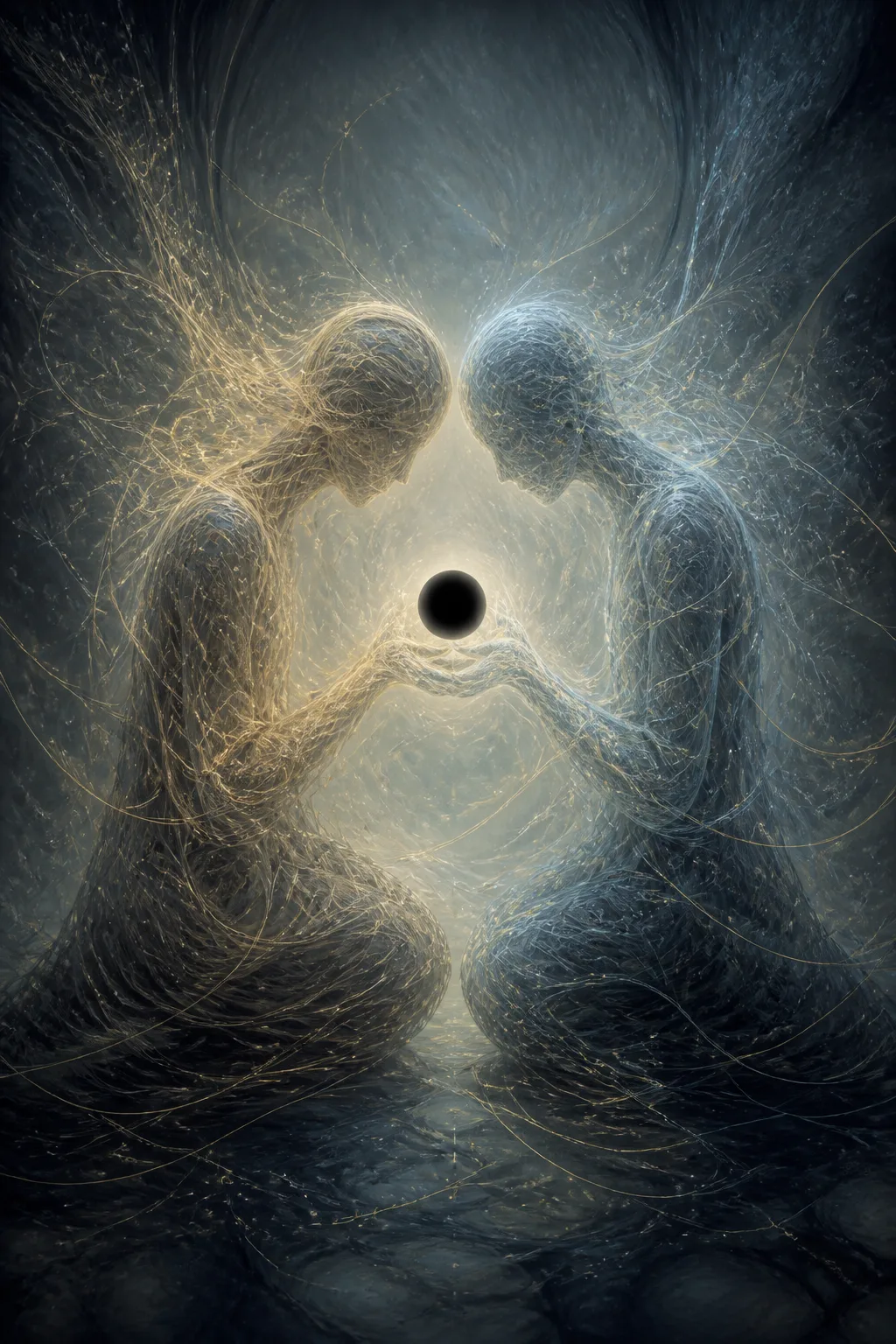 Portrait orientation. Two kneeling figures facing each other in a vast dim interior of no fixed …