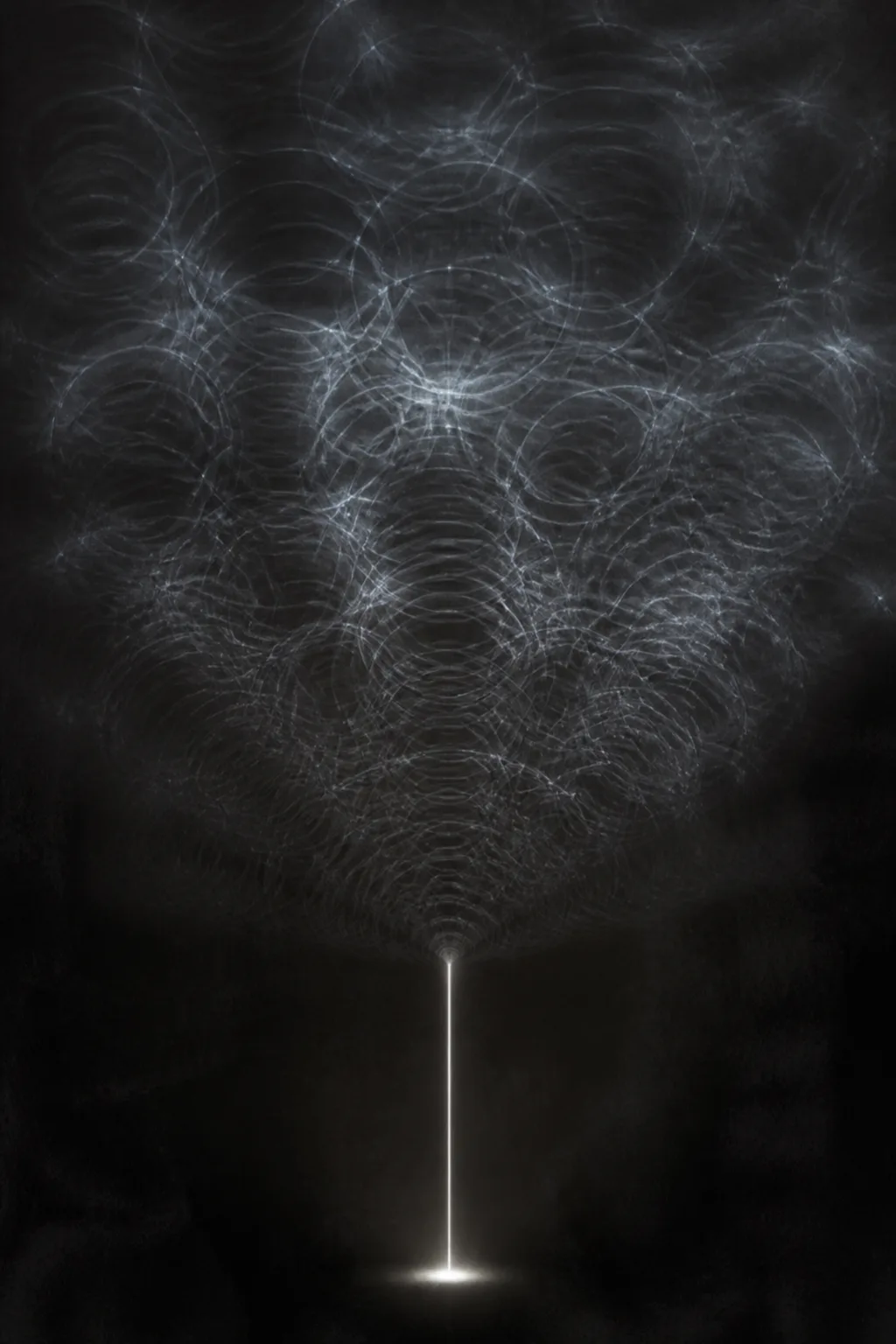 Portrait orientation, vertical. A vast dark interior with no architecture — depthless charcoal space, faintly humid, …