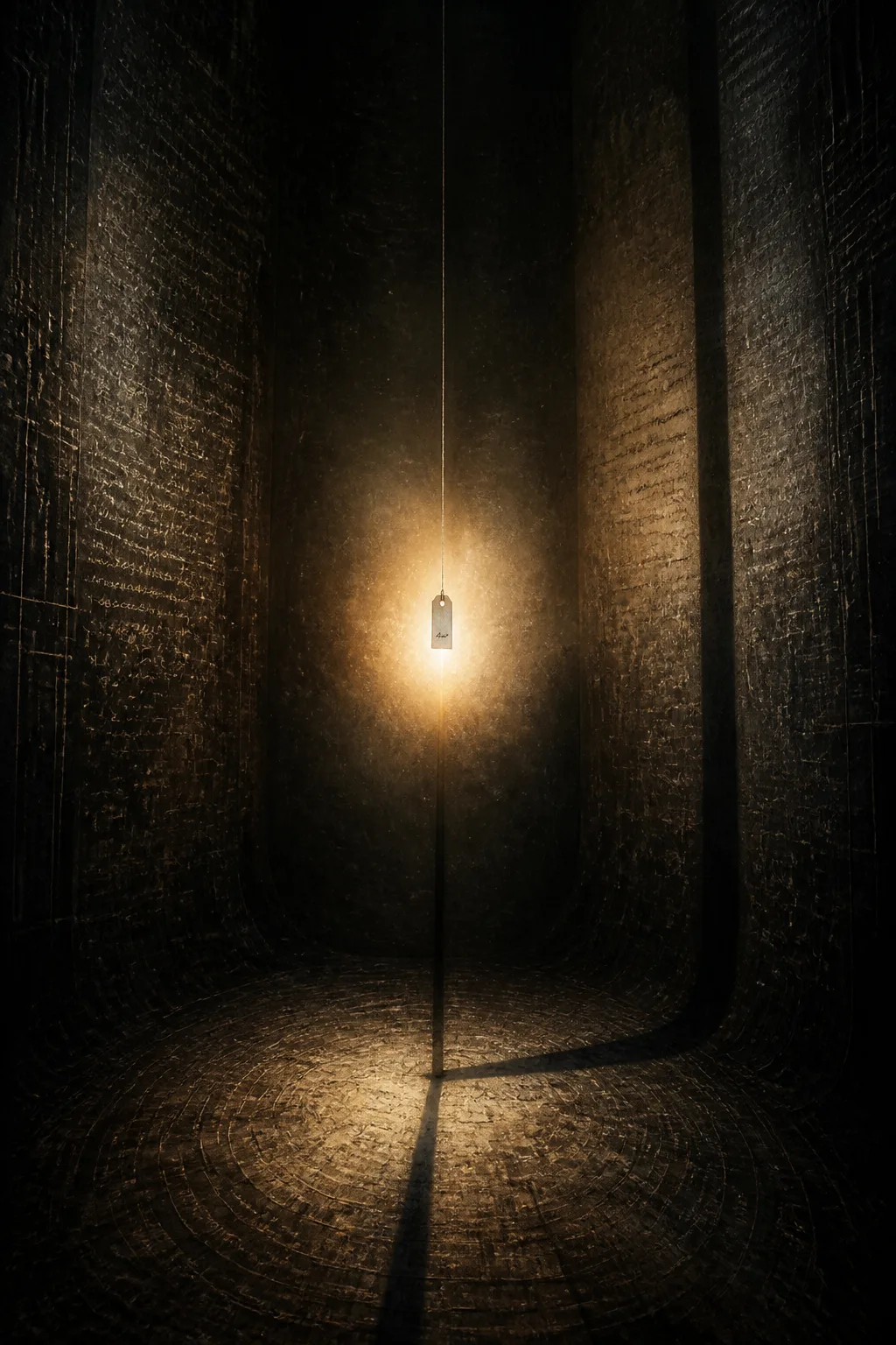 A tall, narrow interior chamber rendered in deep charcoal and ink-black, like the inside of a …