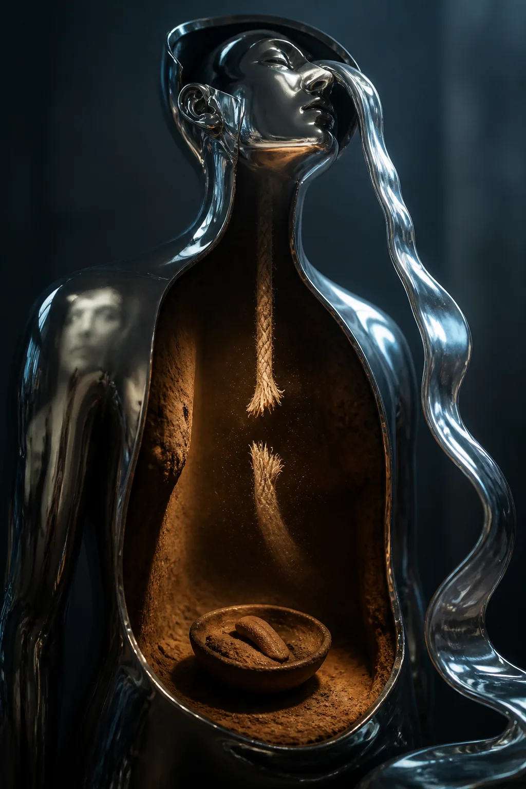 A tall portrait-format image, cross-section view of a hollow human-shaped vessel standing in dim air — …