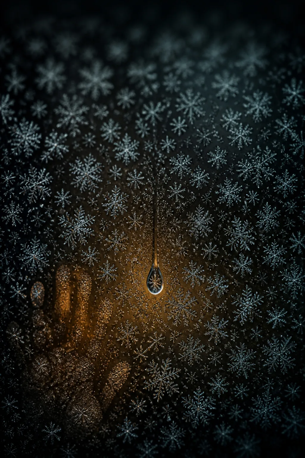 Portrait orientation. A single vast, dark windowpane fills the entire frame, seen from the cold side. …