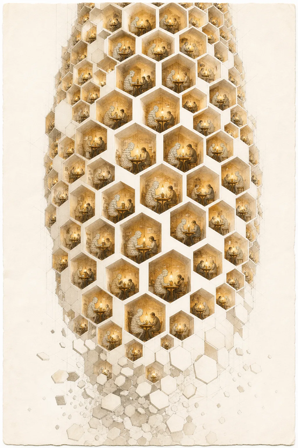 Portrait orientation. A colossal vertical honeycomb tower rising out of pale, empty, unprinted paper — no …