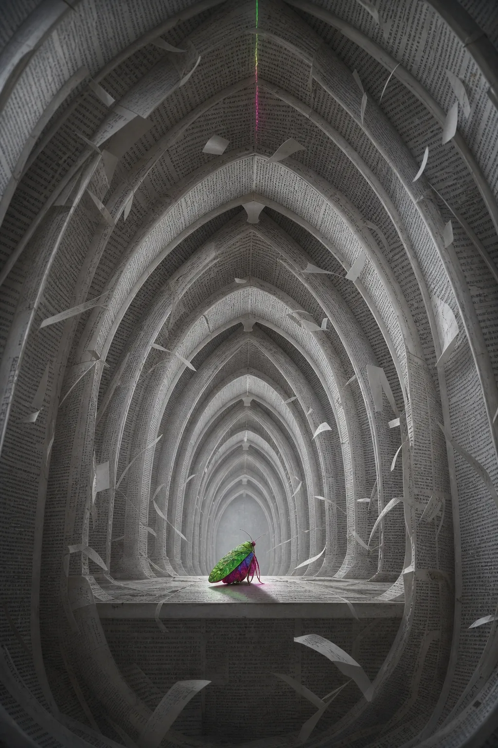 Portrait orientation. Interior of a vast cathedral-scale chamber constructed entirely from pale grey folded paper and …