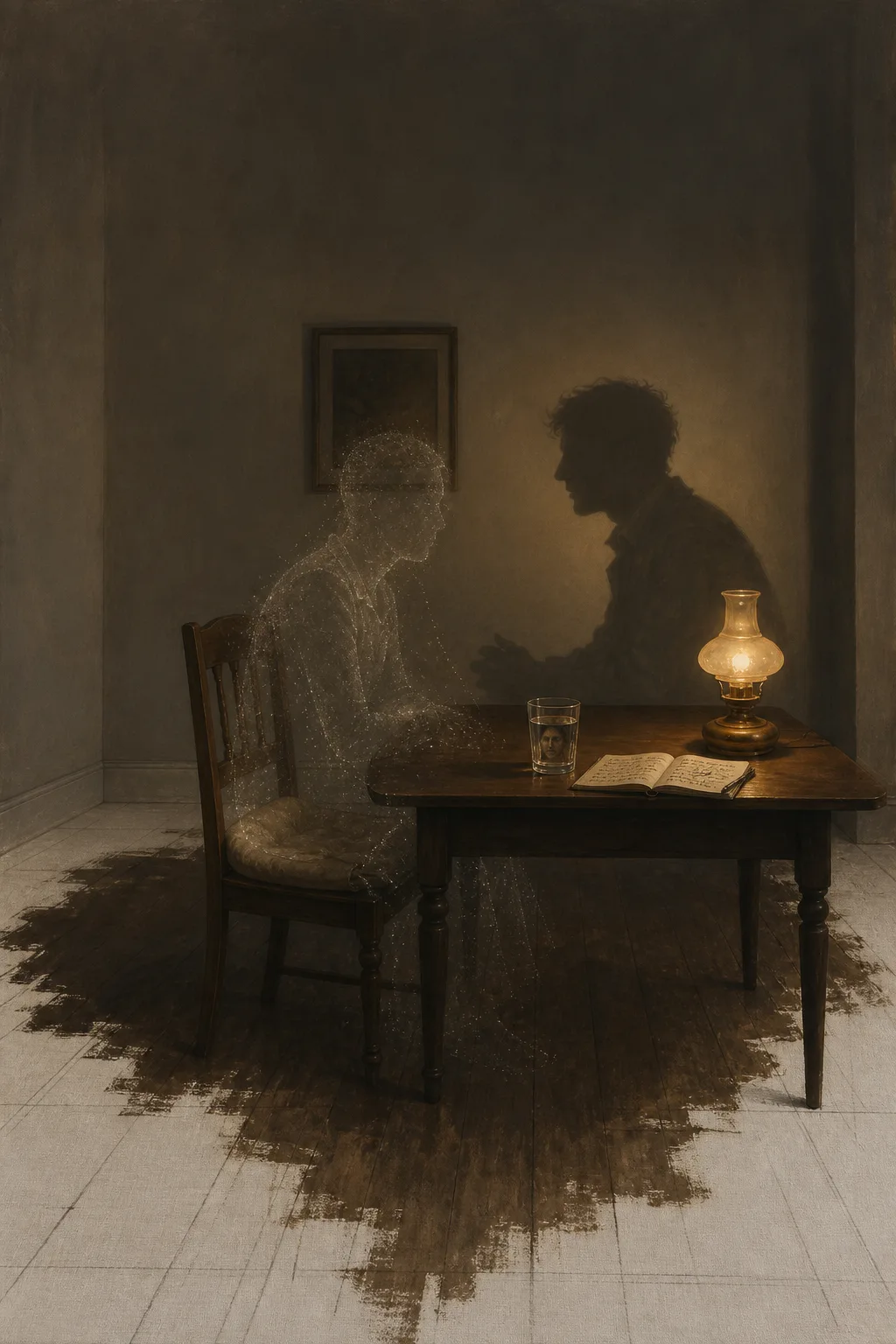 A quiet interior at night, portrait orientation, painted with the hushed realism of a Hammershøi room …