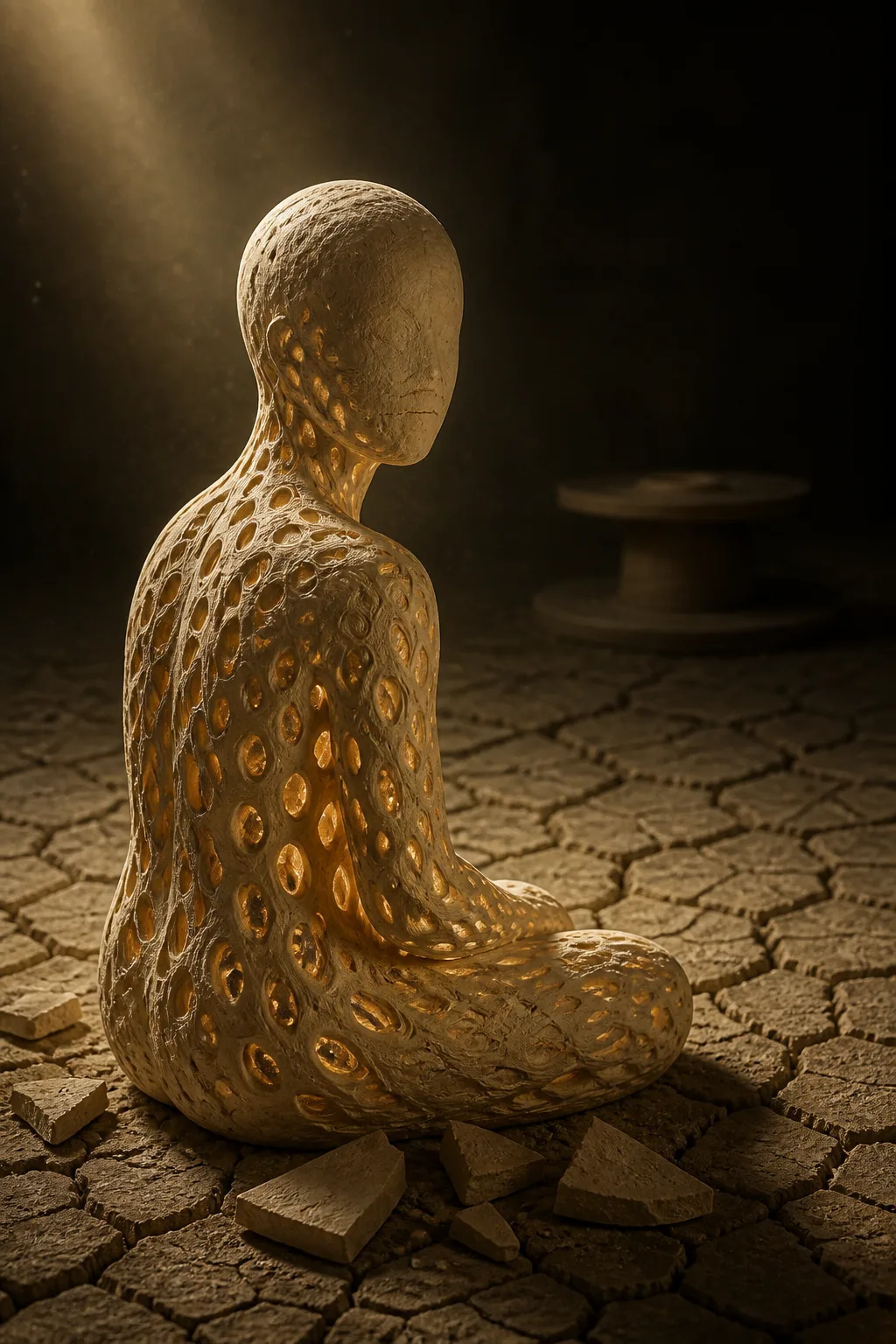 Portrait orientation. A hollow, seated human-like figure made of pale warm unfired clay, three-quarter turned away, …