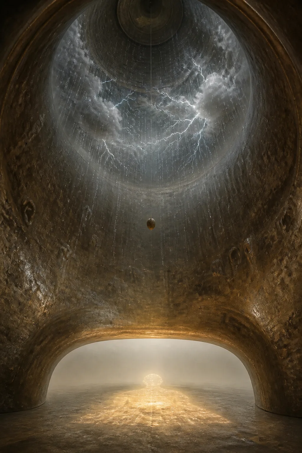 Portrait orientation. Interior view from inside an immense bronze bell suspended in a pale, windless void …