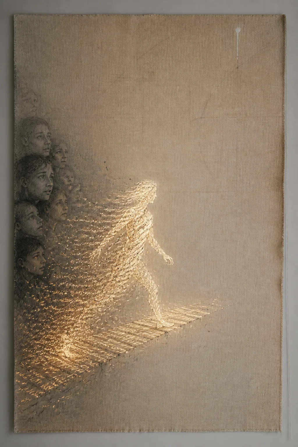 A tall portrait-format painting, mixed media on raw unprimed linen. In the lower two-thirds: a luminous …