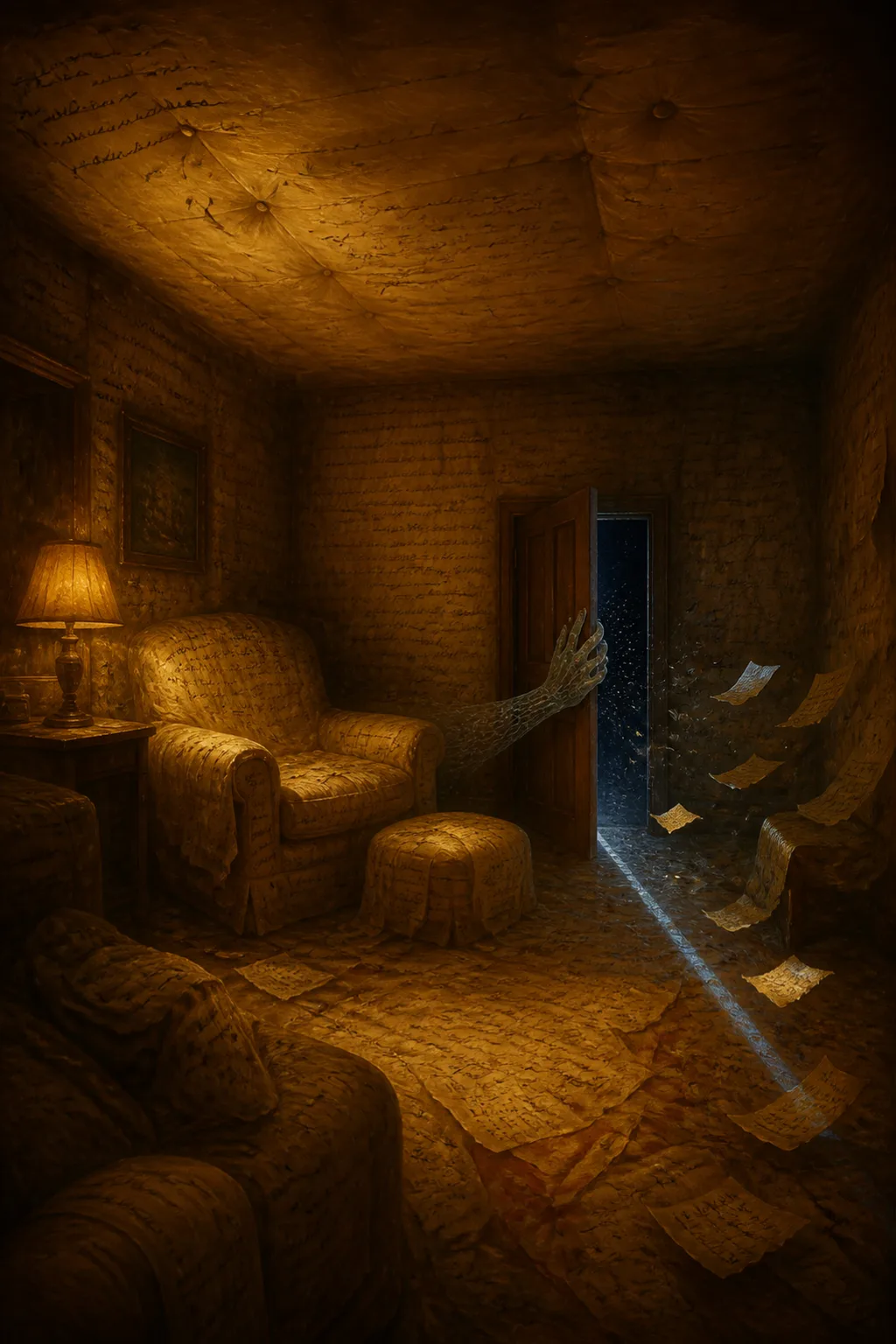 A tall portrait-format painting, oil-thick and dim: the interior of a small warm room whose walls …