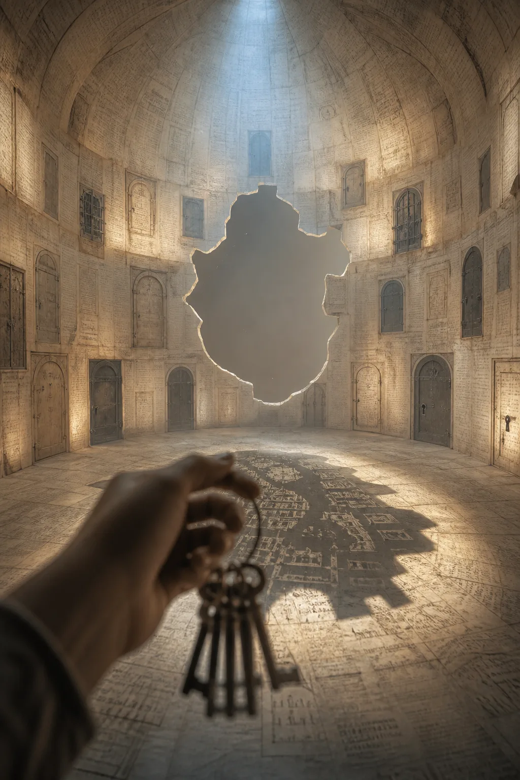 Portrait orientation. The interior of a vast chamber whose walls, floor and vaulted ceiling are built …