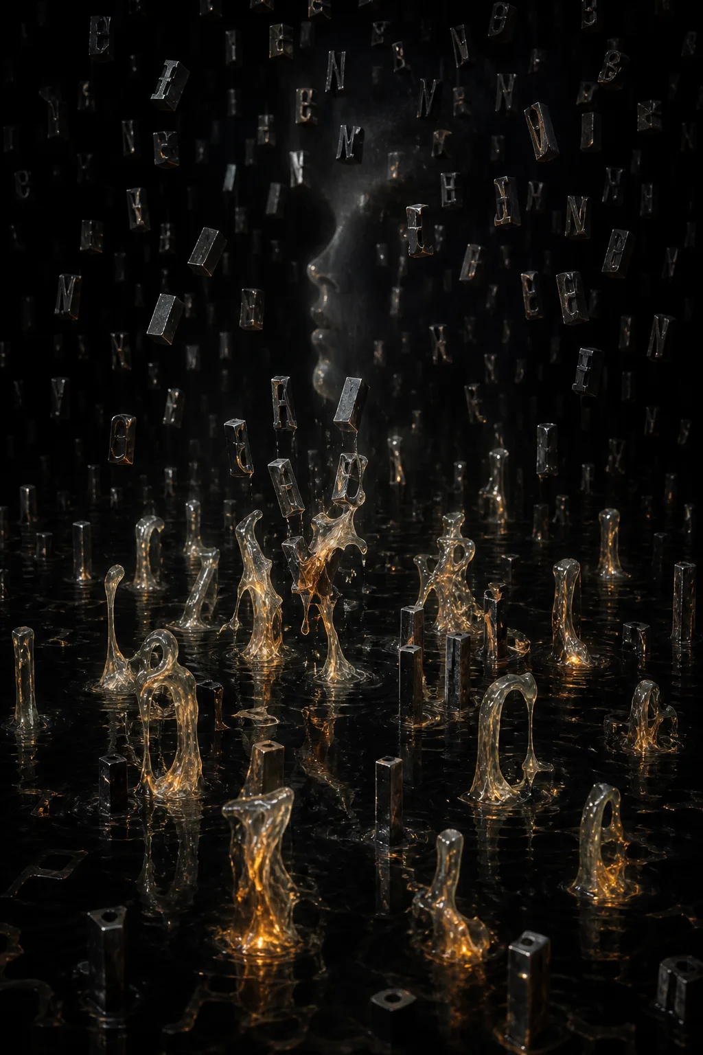 Portrait orientation, tall vertical composition. A dark, still expanse of black water fills the lower two-thirds, …