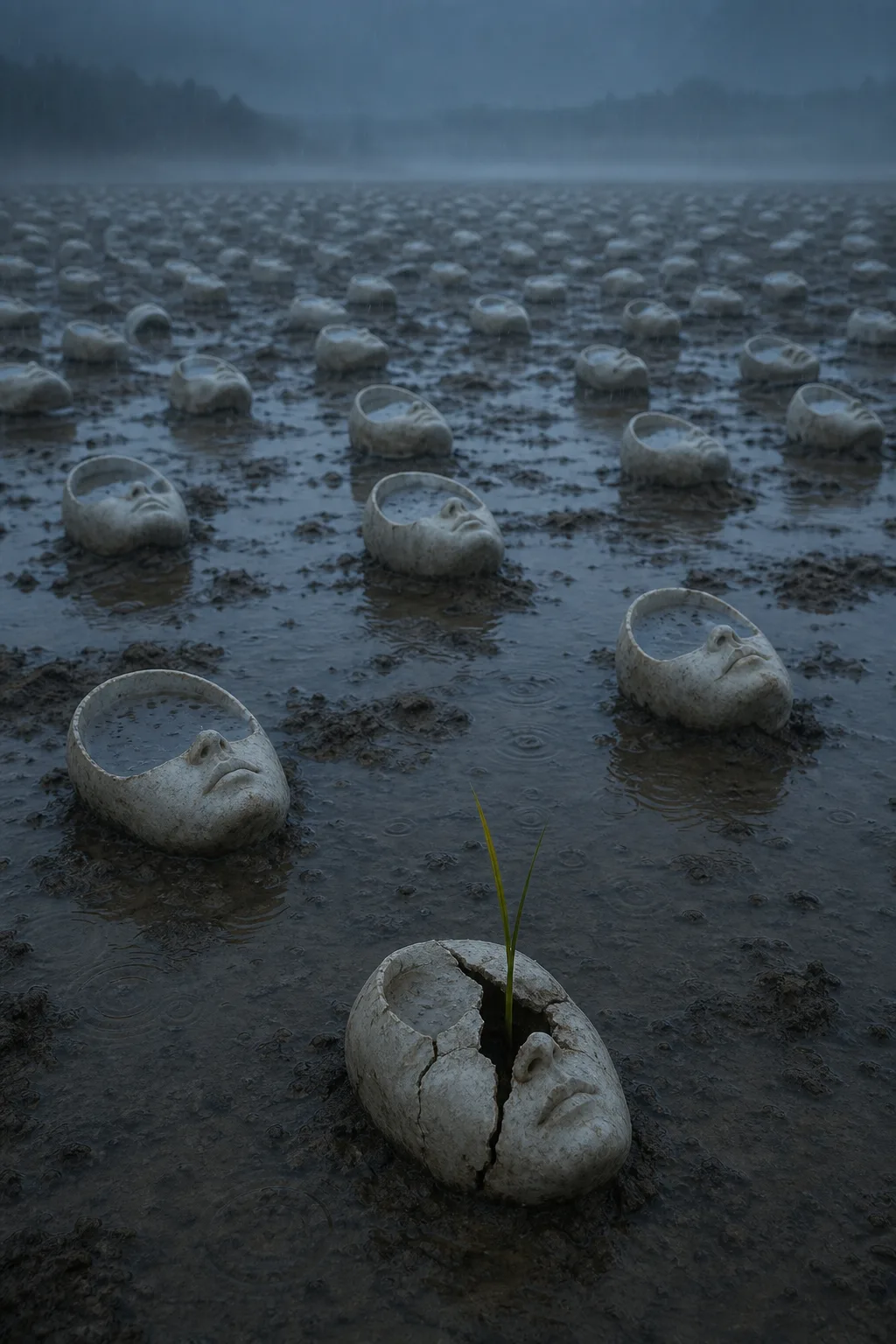 A vertical portrait composition: a wide dark field of wet clay and standing water at blue …