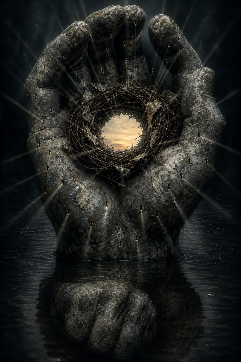Portrait orientation, painterly and photographic at once, dim cathedral-cold light. An enormous cupped hand carved from …